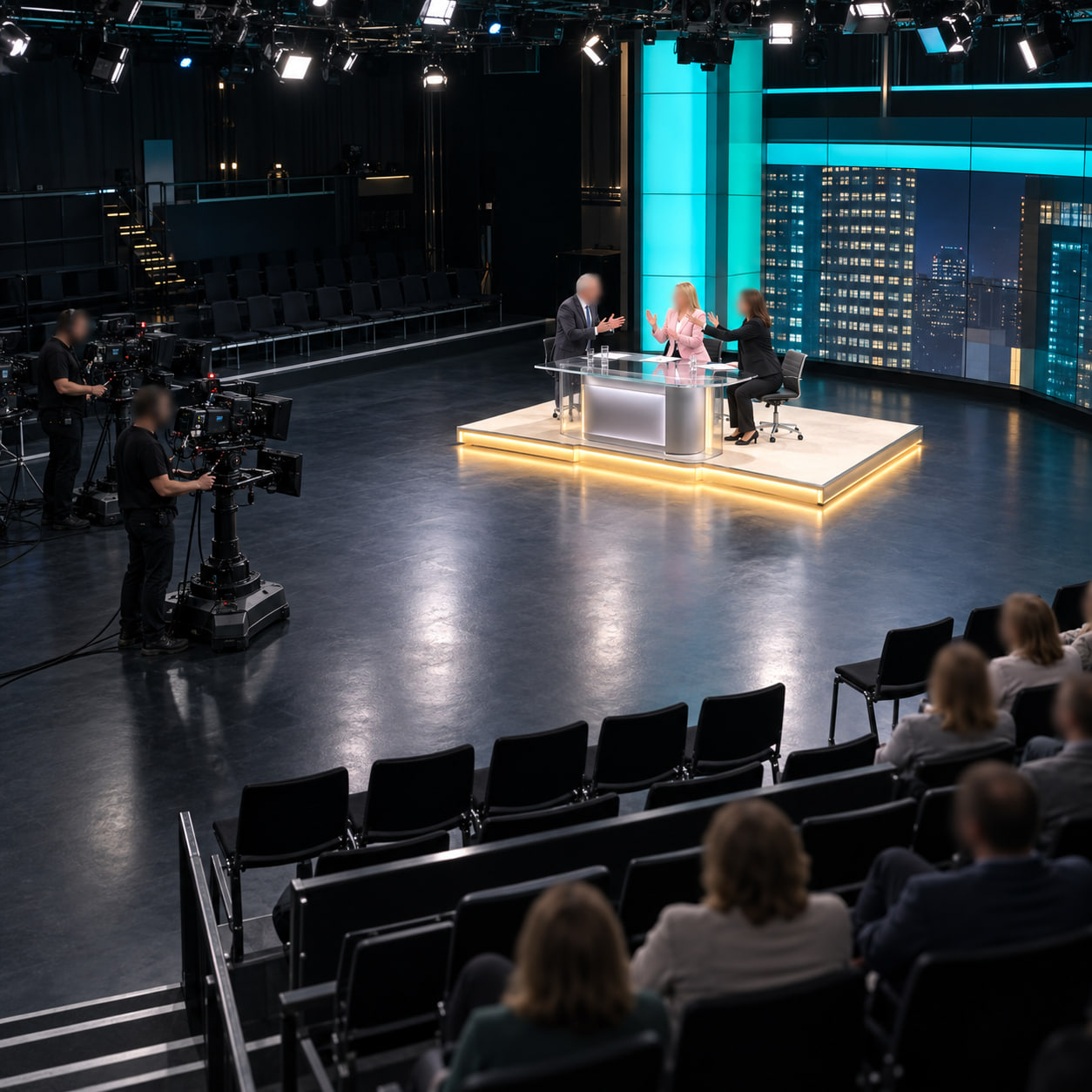 Wide view of a television studio recording a live panel discussion